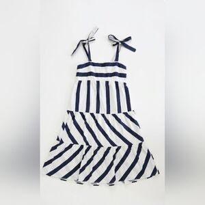 MSK Striped Sundress Navy White Tie Strap Tiered Midi Dress M.